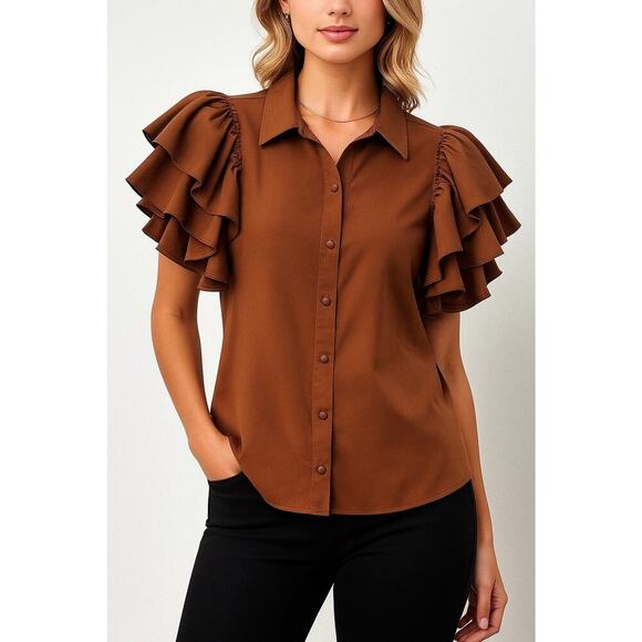 Marc New York Ruffle Sleeve Button Front Blouse Brown Size L - Picture 2 of 12
